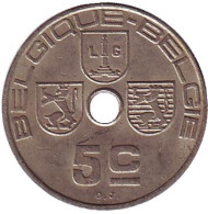 Монета 5 сантимов. 1938 год, Бельгия.  Монета 5 сантимов. 1938 год, Бельгия.