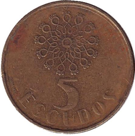 Монета 5 эскудо. 1986 год, Португалия.
