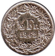 Монета 1/2 франка. 1942 год, Швейцария. Монета 1/2 франка. 1942 год, Швейцария.