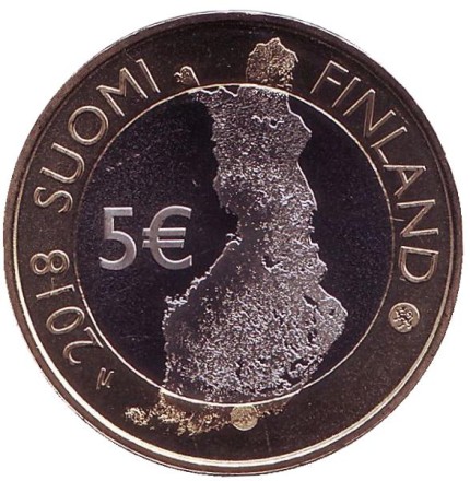 Монета 5 евро. 2018 год, Финляндия. Долина реки Порвоонйоки и старый Порвоо. Монета 5 евро. 2018 год, Финляндия. Долина реки Порвоонйоки и старый Порвоо.