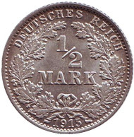 Монета 1/2 марки. 1915 год (J), Германская империя. Монета 1/2 марки. 1915 год (J), Германская империя.