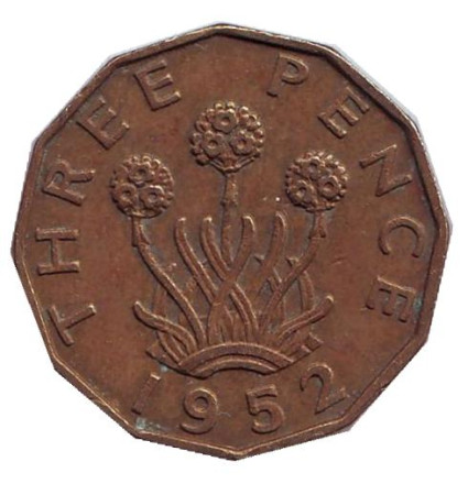 Монета 3 пенса. 1952 год, Великобритания. Лук-порей.