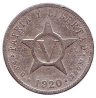 Монета 5 сентаво. 1920 год, Куба. (Точка после "5.0 G.") Монета 5 сентаво. 1920 год, Куба. (Точка после "5.0 G.")