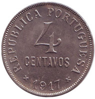 Монета 4 сентаво. 1917 год, Португалия. Монета 4 сентаво. 1917 год, Португалия.