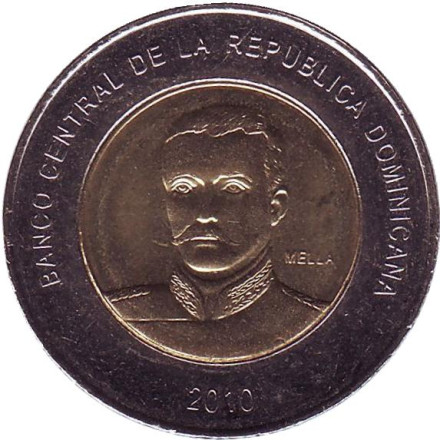Монета 10 песо. 2010 год, Доминиканская Республика. UNC. Матиас Рамон Мелла.