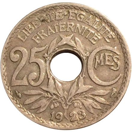 Монета 25 сантимов. 1923 год, Франция.