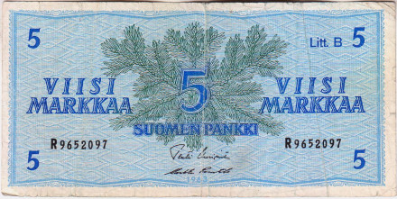 Банкнота 5 марок, 1963 год, Финляндия. P-106Aa(16).