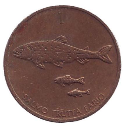 Монета 1 толар. 1993 год, Словения. Ручьевая форель.