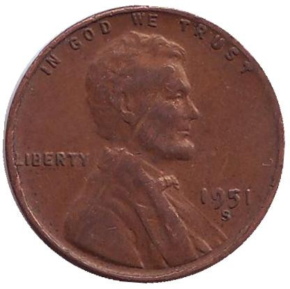 Монета 1 цент. 1951 год (S), США. Линкольн.