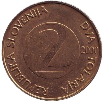 Монета 2 толара. 2000 год, Словения. Из обращения. Деревенская ласточка.