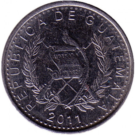 Монета 5 сентаво. 2011 год, Гватемала. Хлопковое дерево.