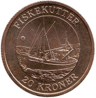 Монета 20 крон. 2012 год, Дания. Рыболовецкая лодка. Монета 20 крон. 2012 год, Дания. Рыболовецкая лодка.
