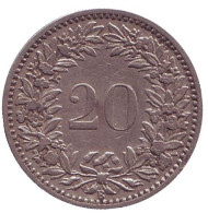 Монета 20 раппенов. 1883 год, Швейцария. Монета 20 раппенов. 1883 год, Швейцария.