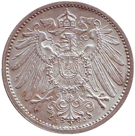 Монета 1 марка. 1912 год (J), Германская империя. Монета 1 марка. 1912 год (J), Германская империя.