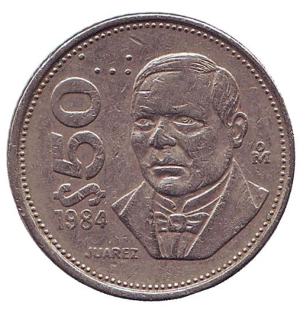 Монета 50 песо. 1984 год, Мексика. Бенито Хуарес.