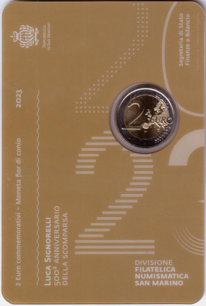 Монета 2 евро. 2023 год, Сан-Марино. 500 лет со дня смерти Луки Синьорелли. Монета 2 евро. 2023 год, Сан-Марино. 500 лет со дня смерти Луки Синьорелли.