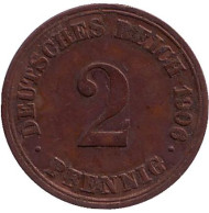Монета 2 пфеннига. 1906 год (A), Германская империя. Монета 2 пфеннига. 1906 год (A), Германская империя.