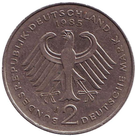 Монета 2 марки. 1985 год (J), ФРГ. Теодор Хойс. Монета 2 марки. 1985 год (J), ФРГ. Теодор Хойс.
