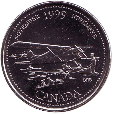 Монета 25 центов. 1999 год, Канада. Миллениум. Ноябрь 1999. Авиасообщение с севером. Самолет.