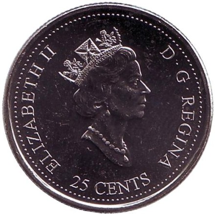 Монета 25 центов. 1999 год, Канада. Миллениум. Ноябрь 1999. Авиасообщение с севером. Самолет. Монета 25 центов. 1999 год, Канада. Миллениум. Ноябрь 1999. Авиасообщение с севером. Самолет.