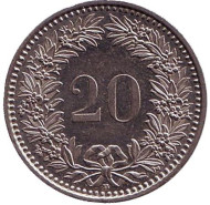 Монета 20 раппенов. 1999 год, Швейцария. Монета 20 раппенов. 1999 год, Швейцария.