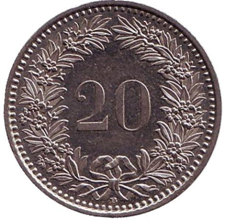 Монета 20 раппенов. 1999 год, Швейцария.