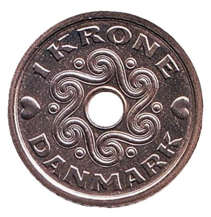 Монета 1 крона. 2001 год, Дания. BU.