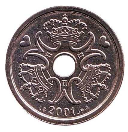 Монета 1 крона. 2001 год, Дания. BU. Монета 1 крона. 2001 год, Дания. BU.