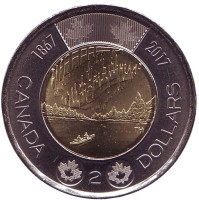 150 лет Конфедерации Канада. Полярное сияние. Монета 2 доллара. 2017 год, Канада.