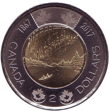 Монета 2 доллара. 2017 год, Канада. 150 лет Конфедерации Канада. Полярное сияние.