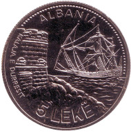 Монета 5 леков. 1987 год, Албания. 60 лет порту в Дурресе. Монета 5 леков. 1987 год, Албания. 60 лет порту в Дурресе.