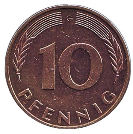 Монета 10 пфеннигов. 1986 год (G), ФРГ. Дубовые листья.