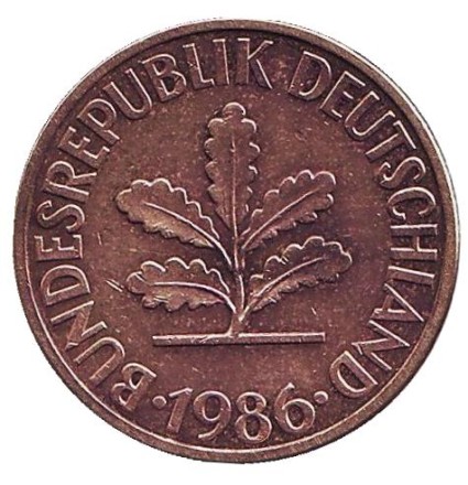 Монета 10 пфеннигов. 1986 год (G), ФРГ. Дубовые листья. Монета 10 пфеннигов. 1986 год (G), ФРГ. Дубовые листья.