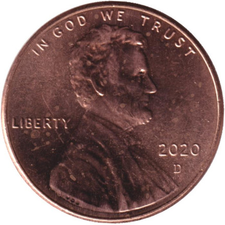 Монета 1 цент. 2020 год (D), США. Линкольн.