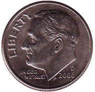 Монета 10 центов. 2006 (D) год, США. Рузвельт. Монета 10 центов. 2006 (D) год, США. Рузвельт.
