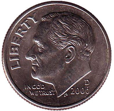 Монета 10 центов. 2006 (D) год, США. Рузвельт.