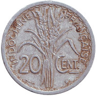 Монета 20 сантимов. 1945 год, Французский Индокитай. ("C" - Кастельсарразен) Монета 20 сантимов. 1945 год, Французский Индокитай. ("C" - Кастельсарразен)
