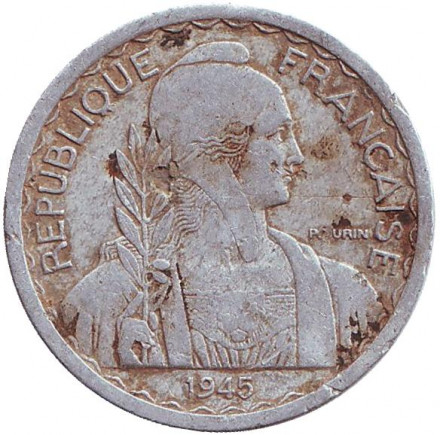 Монета 20 сантимов. 1945 год, Французский Индокитай. ("C" - Кастельсарразен) Монета 20 сантимов. 1945 год, Французский Индокитай. ("C" - Кастельсарразен)