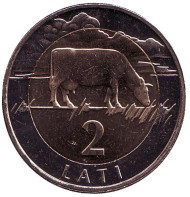 Монета 2 лата, 1999 год, Латвия. UNC. Корова. Монета 2 лата, 1999 год, Латвия. UNC. Корова.
