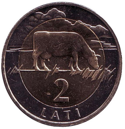 Монета 2 лата, 1999 год, Латвия. UNC. Корова.