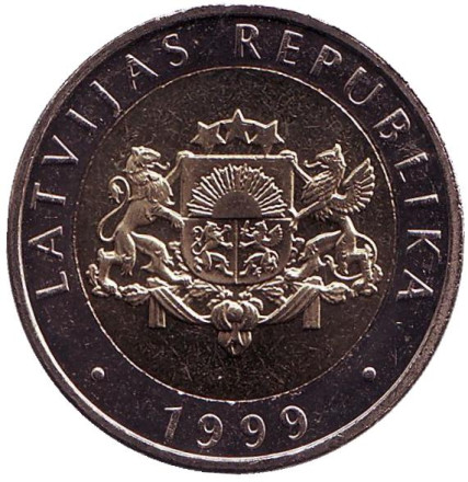 Монета 2 лата, 1999 год, Латвия. UNC. Корова.