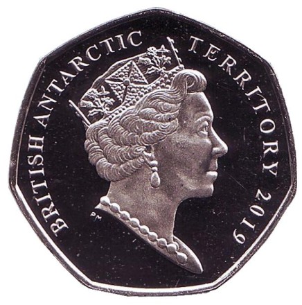 Монета 50 пенсов. 2019 год, Британская антарктическая территория. Субантарктический пингвин.