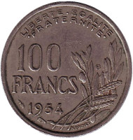 Монета 100 франков. 1954-В год, Франция. Монета 100 франков. 1954-В год, Франция.
