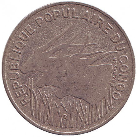 Монета 100 франков. 1972 год, Конго. Африканские антилопы. (Западные канны). Монета 100 франков. 1972 год, Конго. Африканские антилопы. (Западные канны).