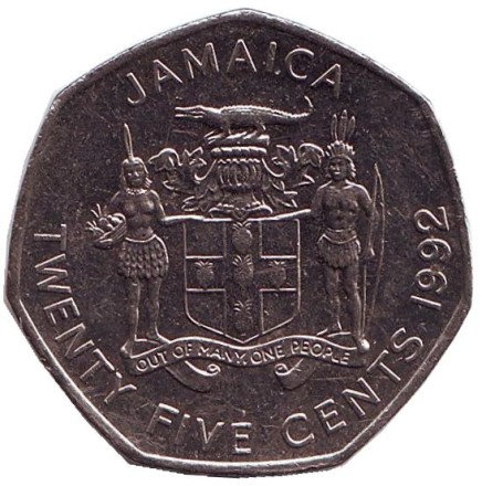 Монета 25 центов. 1992 год, Ямайка. Маркус Гарви - национальный герой.