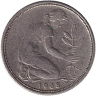 Монета 50 пфеннигов. 1968 (F) год, ФРГ. Женщина, сажающая дуб. Монета 50 пфеннигов. 1968 (F) год, ФРГ. Женщина, сажающая дуб.