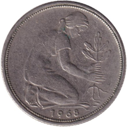 Монета 50 пфеннигов. 1968 (F) год, ФРГ. Женщина, сажающая дуб.