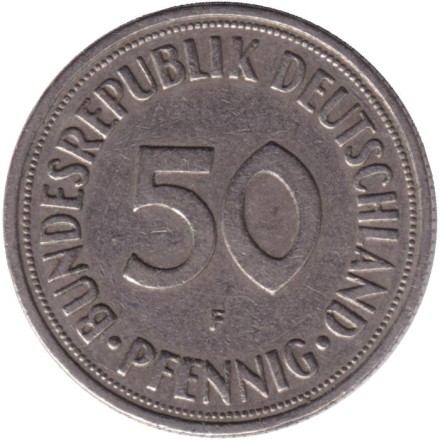 Монета 50 пфеннигов. 1968 (F) год, ФРГ. Женщина, сажающая дуб. Монета 50 пфеннигов. 1968 (F) год, ФРГ. Женщина, сажающая дуб.