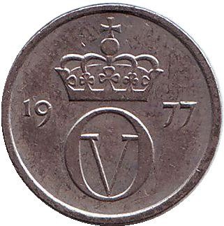 Монета 10 эре. 1977 год, Норвегия.