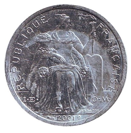 Монета 2 франка. 2001 год, Французская Полинезия. Монета 2 франка. 2001 год, Французская Полинезия.